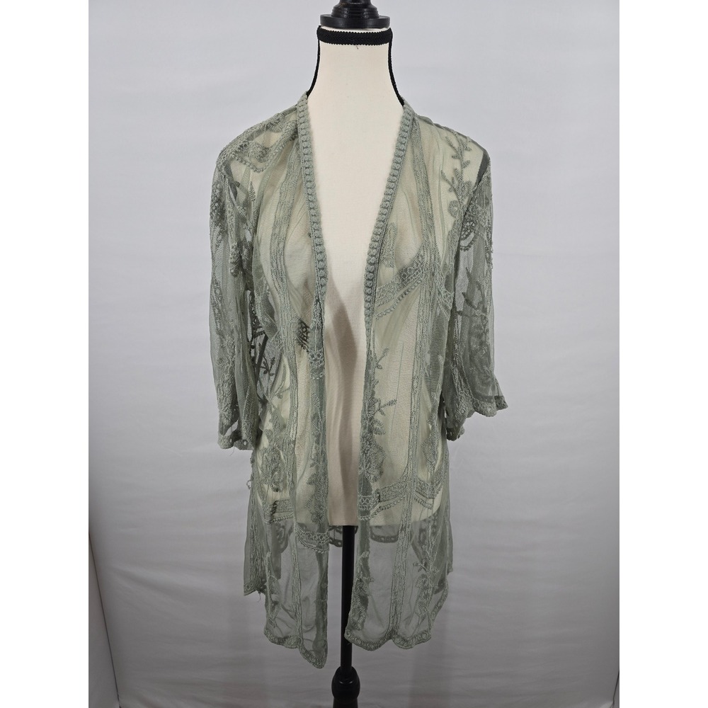 Chance or Fate Sage Green Floral Embroidered Mesh Kimono Cardigan SM Boho Sheer